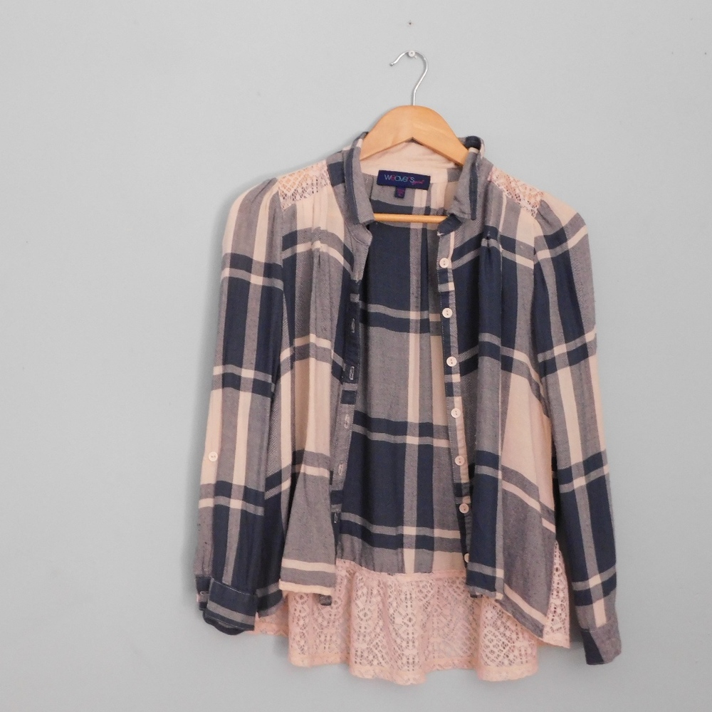 Weavers girl plaid button down shirt lace pink